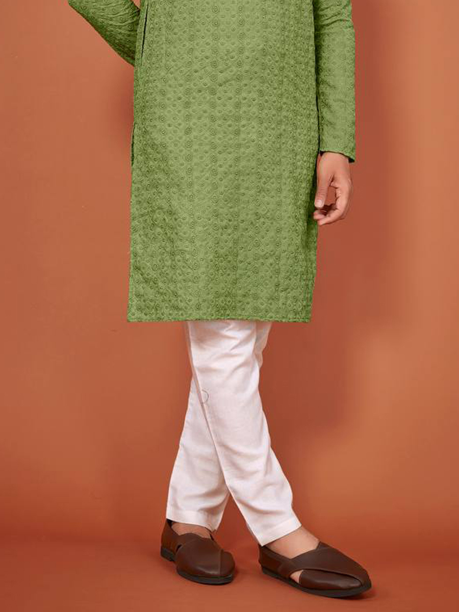 Green Cotton Woven Festival Mehendi Kurta