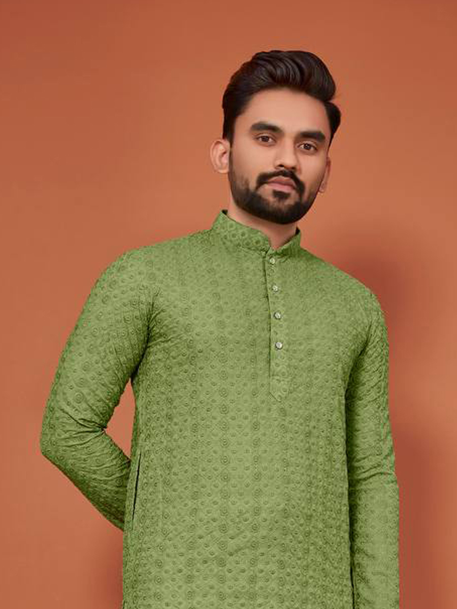 Green Cotton Woven Festival Mehendi Kurta