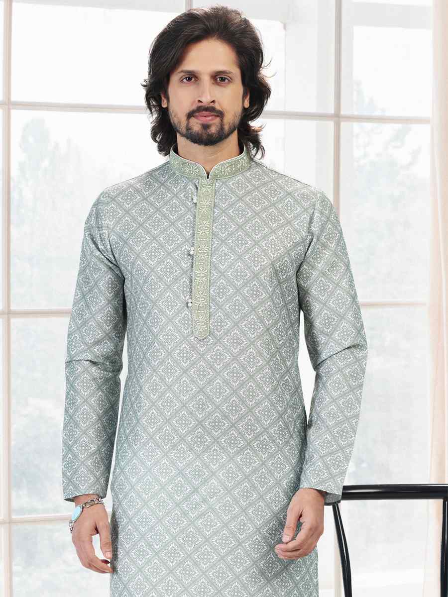 Green Cotton Woven Festival Party Kurta