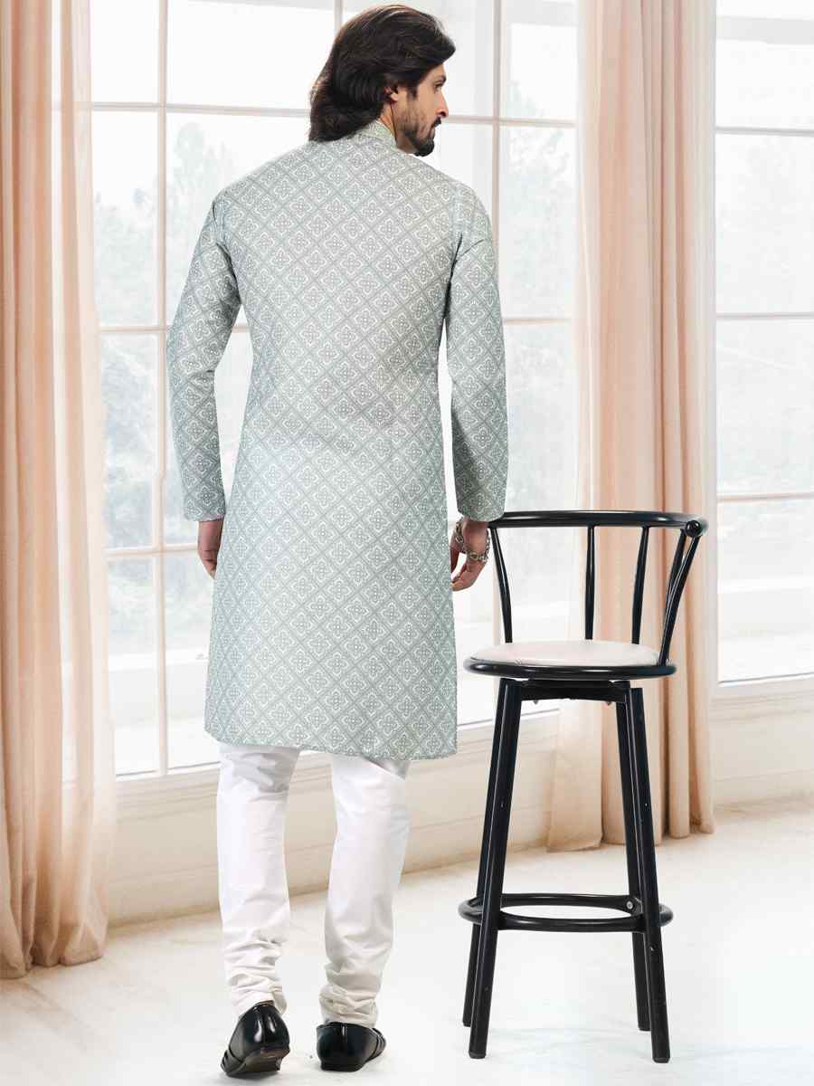 Green Cotton Woven Festival Party Kurta