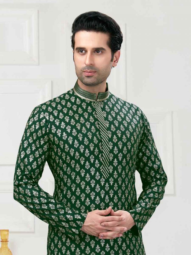 Green Cotton Woven Festival Wedding Kurta