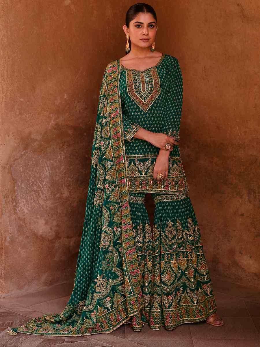 Green Crepe Embroidered Party Wedding Ready Sharara Pant Salwar Kameez