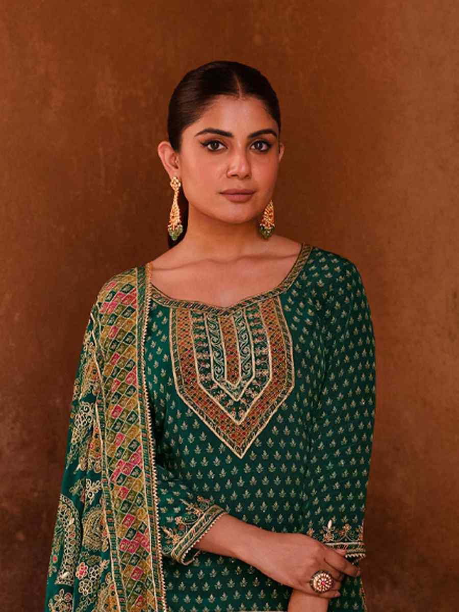 Green Crepe Embroidered Party Wedding Ready Sharara Pant Salwar Kameez