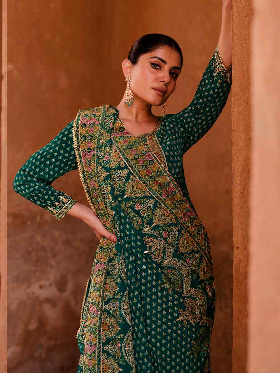 Green Crepe Embroidered Party Wedding Ready Sharara Pant Salwar Kameez