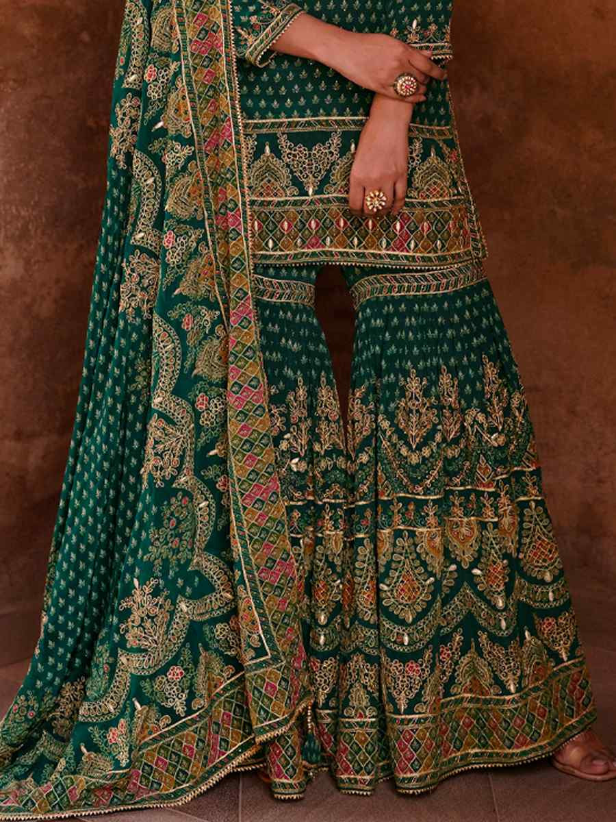 Green Crepe Embroidered Party Wedding Ready Sharara Pant Salwar Kameez