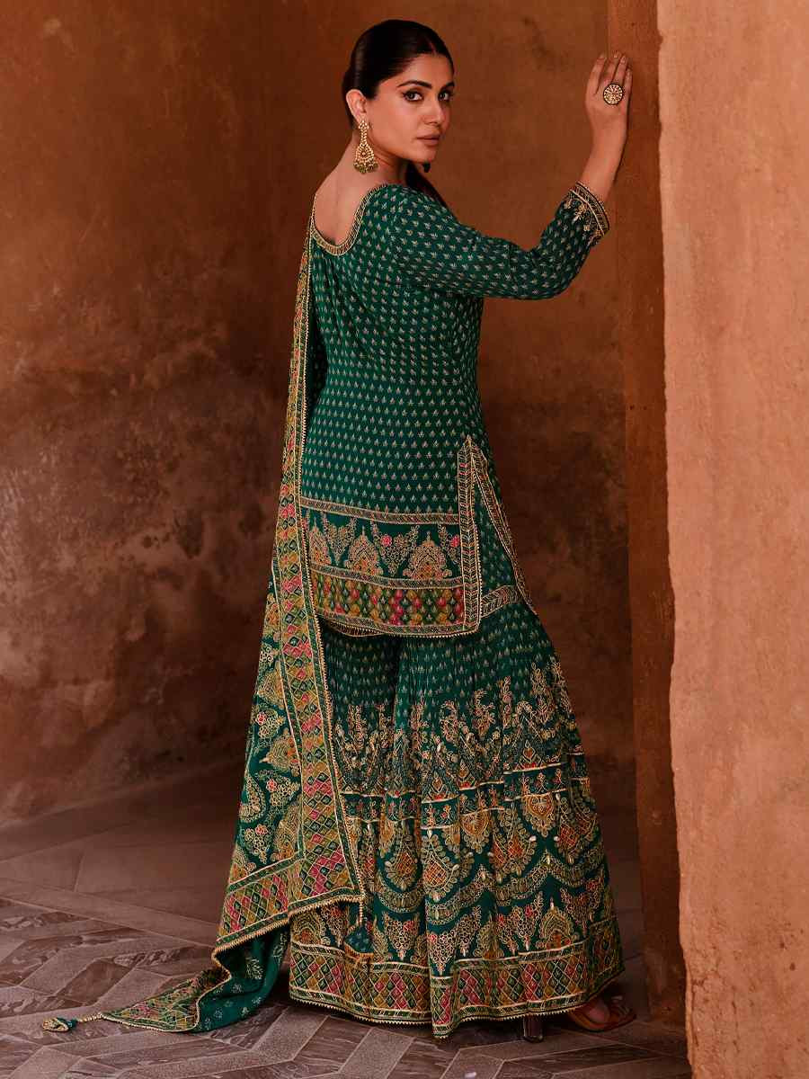 Green Crepe Embroidered Party Wedding Ready Sharara Pant Salwar Kameez