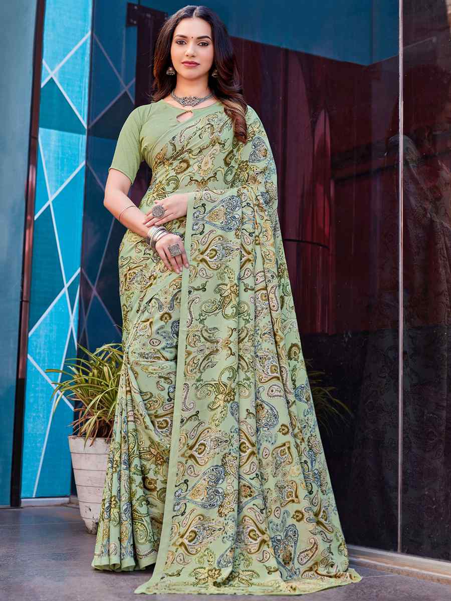 Green Crepe Printed Casual Festival Contemporary Saree