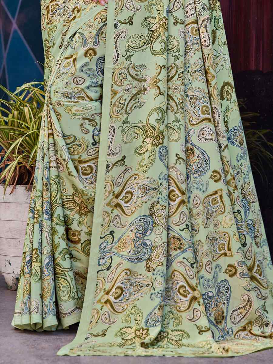 Green Crepe Printed Casual Festival Contemporary Saree