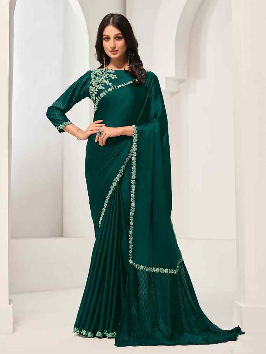 Green Crepe Satin Silk Embroidered Festival Wedding Fancy Heavy Border Saree