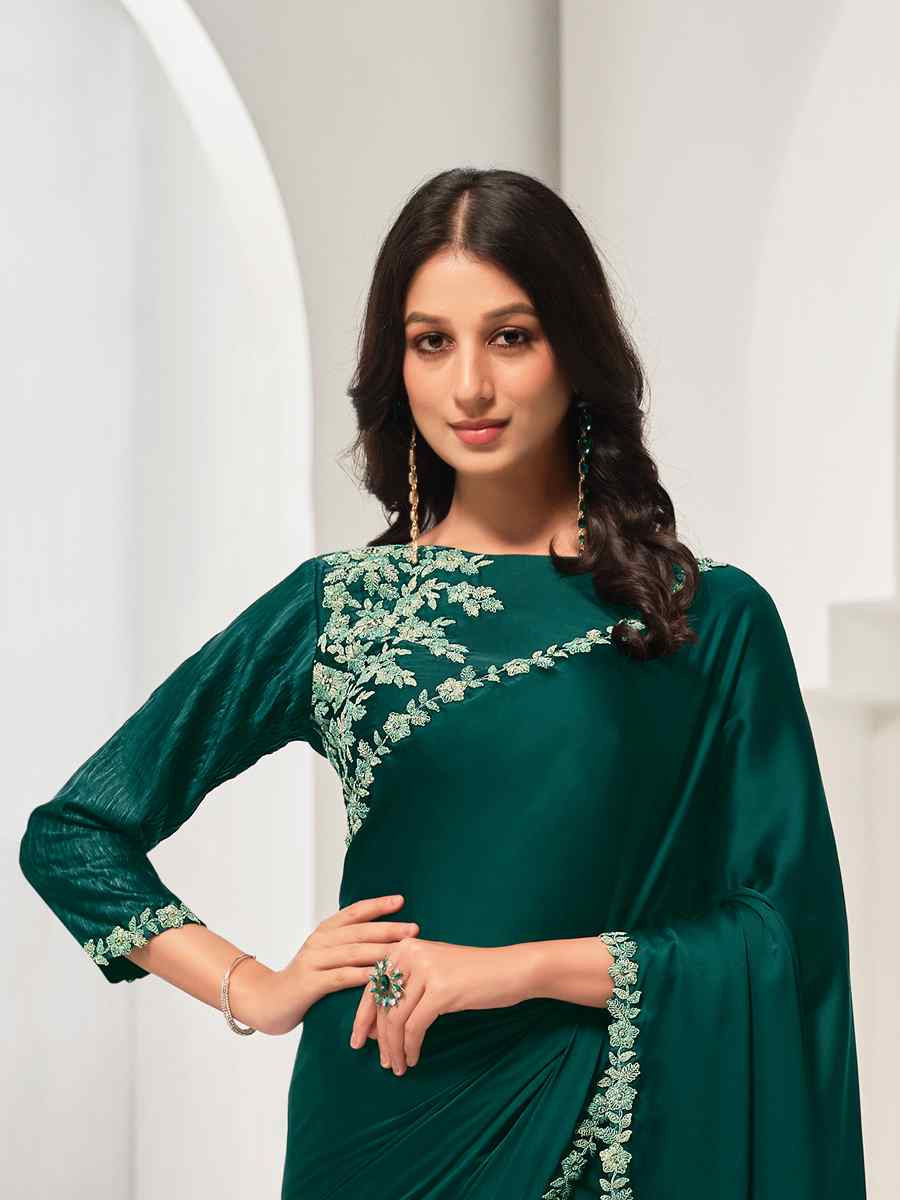 Green Crepe Satin Silk Embroidered Festival Wedding Fancy Heavy Border Saree