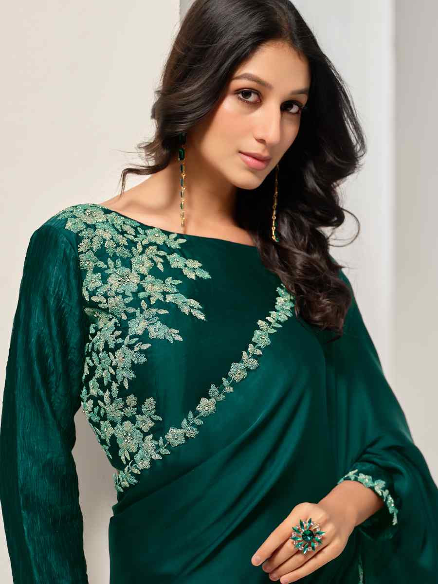 Green Crepe Satin Silk Embroidered Festival Wedding Fancy Heavy Border Saree
