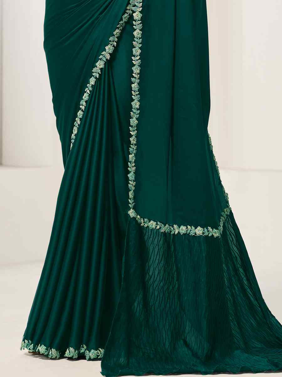 Green Crepe Satin Silk Embroidered Festival Wedding Fancy Heavy Border Saree