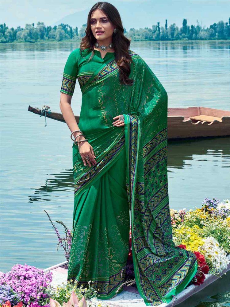 Green Crepe Silk Printed Casual Festival Contemporary Saree