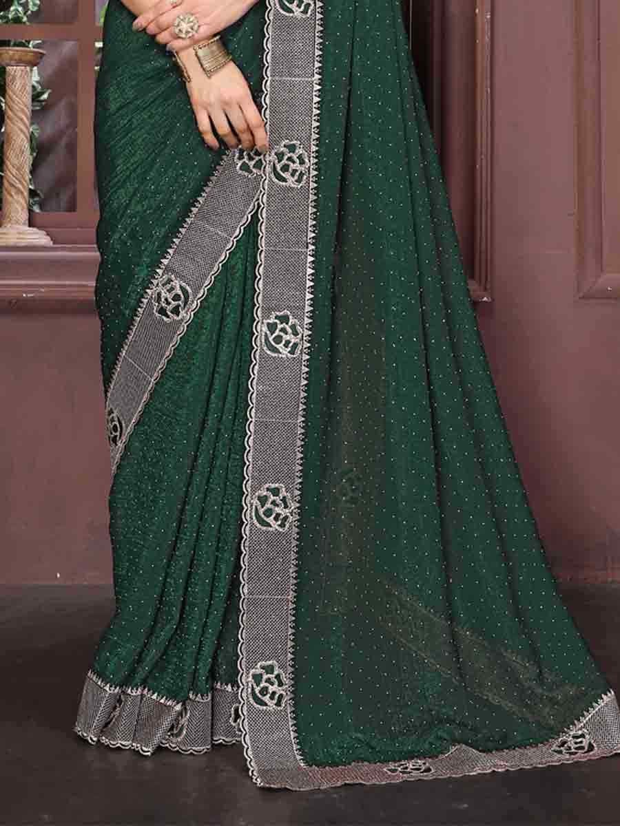 Green Crunchy Silk Embroidered Festival Wedding Fancy Heavy Border Saree