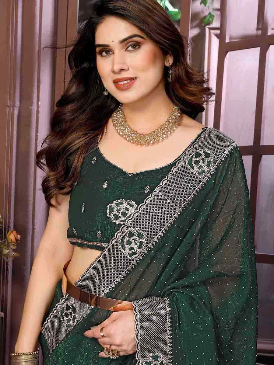 Green Crunchy Silk Embroidered Festival Wedding Fancy Heavy Border Saree