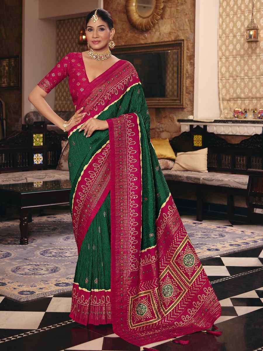 Green Crush Silk Prined Bridal Reception Festival Wedding Fancy Heavy Border Saree