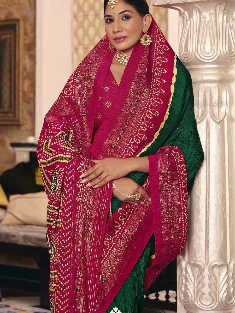 Green Crush Silk Prined Bridal Reception Festival Wedding Fancy Heavy Border Saree