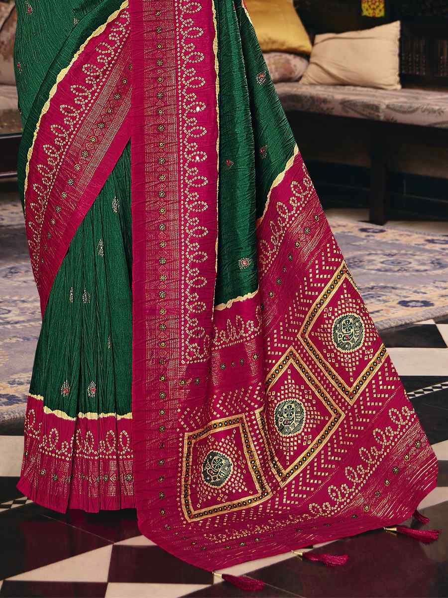 Green Crush Silk Prined Bridal Reception Festival Wedding Fancy Heavy Border Saree