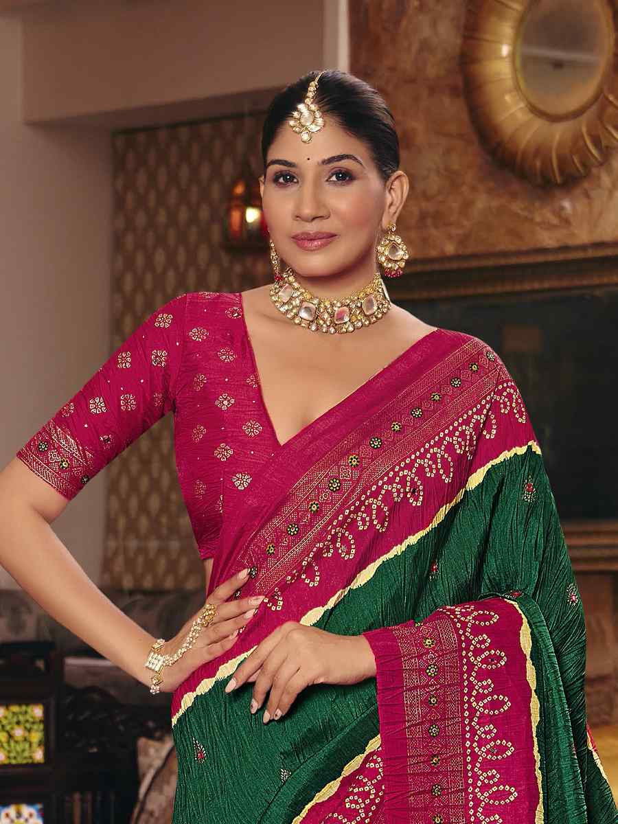 Green Crush Silk Prined Bridal Reception Festival Wedding Fancy Heavy Border Saree