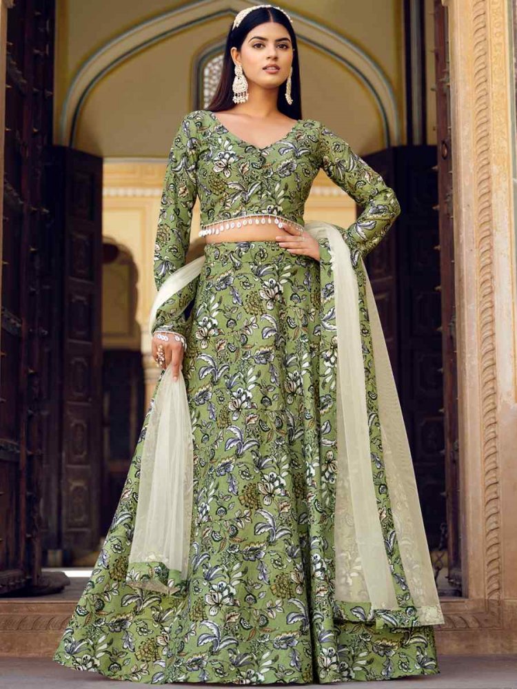 Green Crushed Silk Embroidered Festival Ready Circular Lehenga Choli