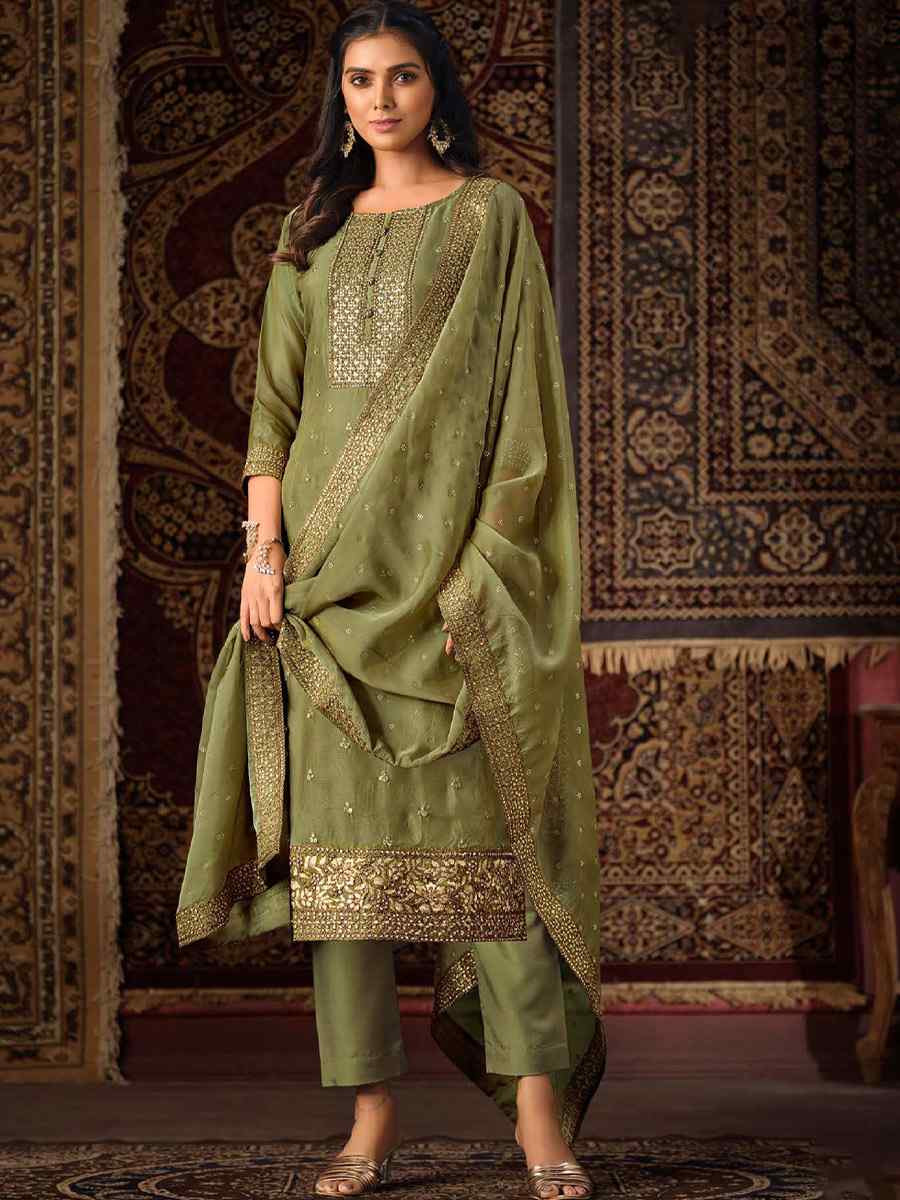 Green Crystal Organza Embroidered Casual Festival Pant Salwar Kameez
