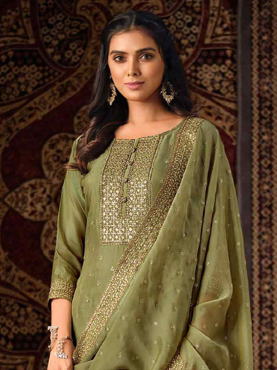 Green Crystal Organza Embroidered Casual Festival Pant Salwar Kameez