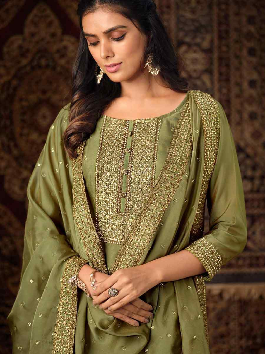 Green Crystal Organza Embroidered Casual Festival Pant Salwar Kameez