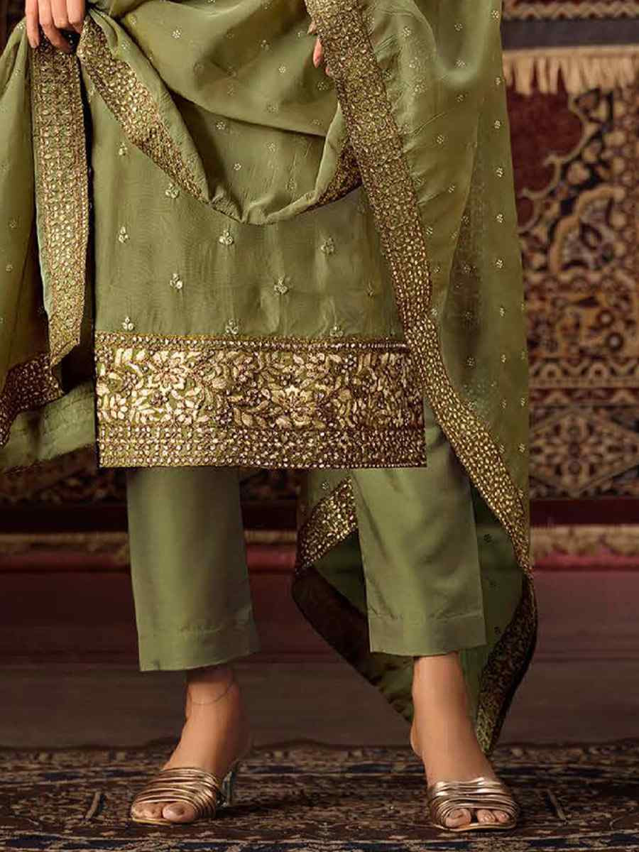 Green Crystal Organza Embroidered Casual Festival Pant Salwar Kameez