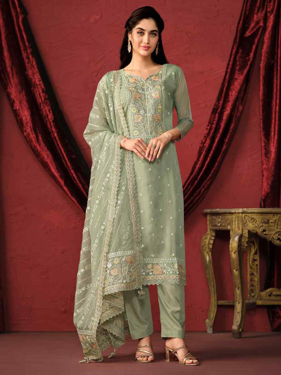 Green Crystal Organza Embroidered Casual Festival Pant Salwar Kameez