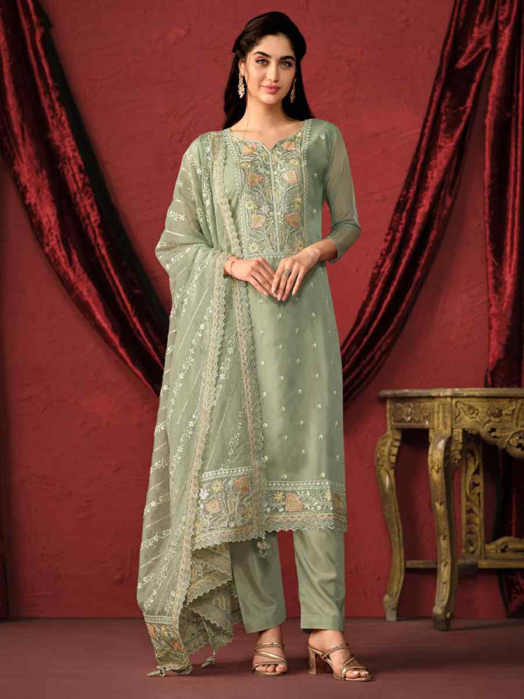 Green Crystal Organza Embroidered Casual Festival Pant Salwar Kameez