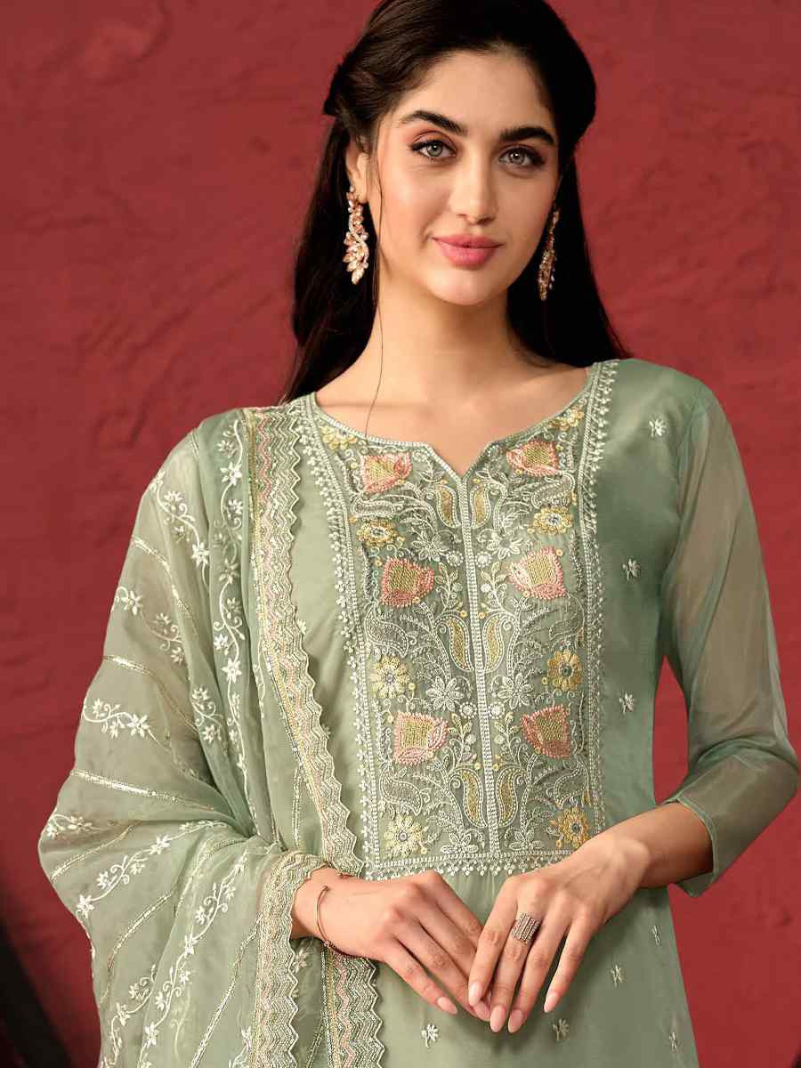 Green Crystal Organza Embroidered Casual Festival Pant Salwar Kameez