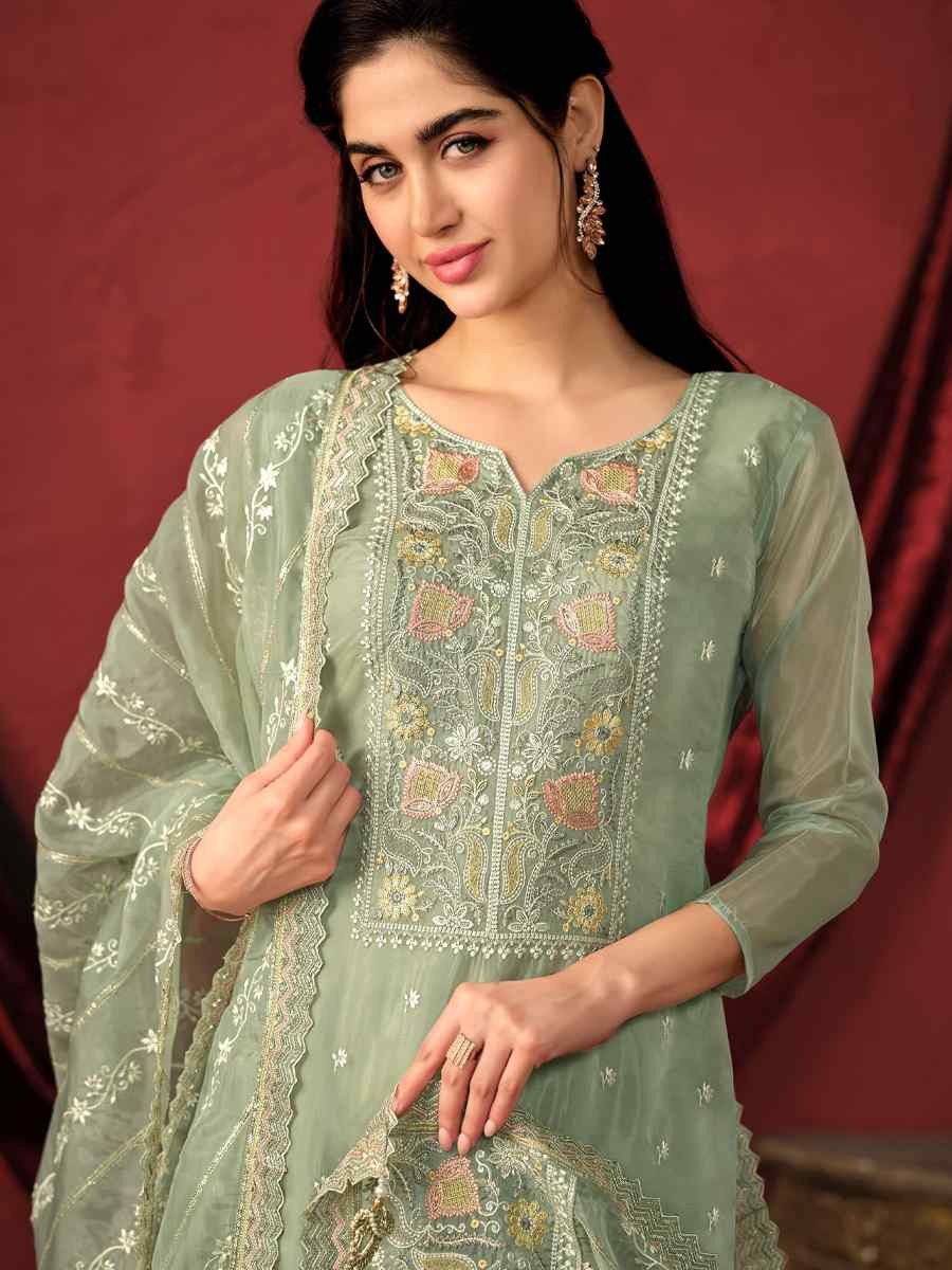 Green Crystal Organza Embroidered Casual Festival Pant Salwar Kameez