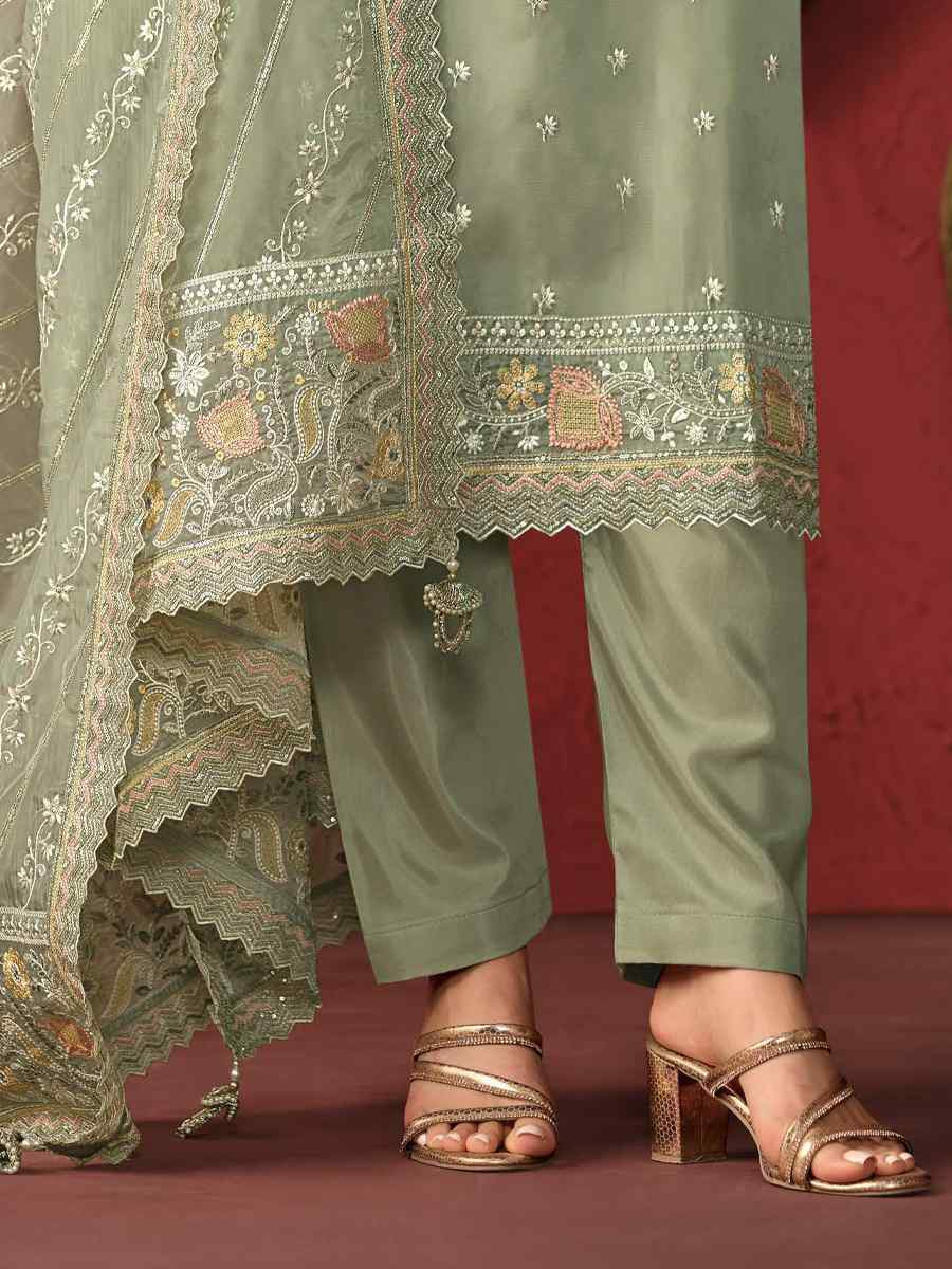 Green Crystal Organza Embroidered Casual Festival Pant Salwar Kameez