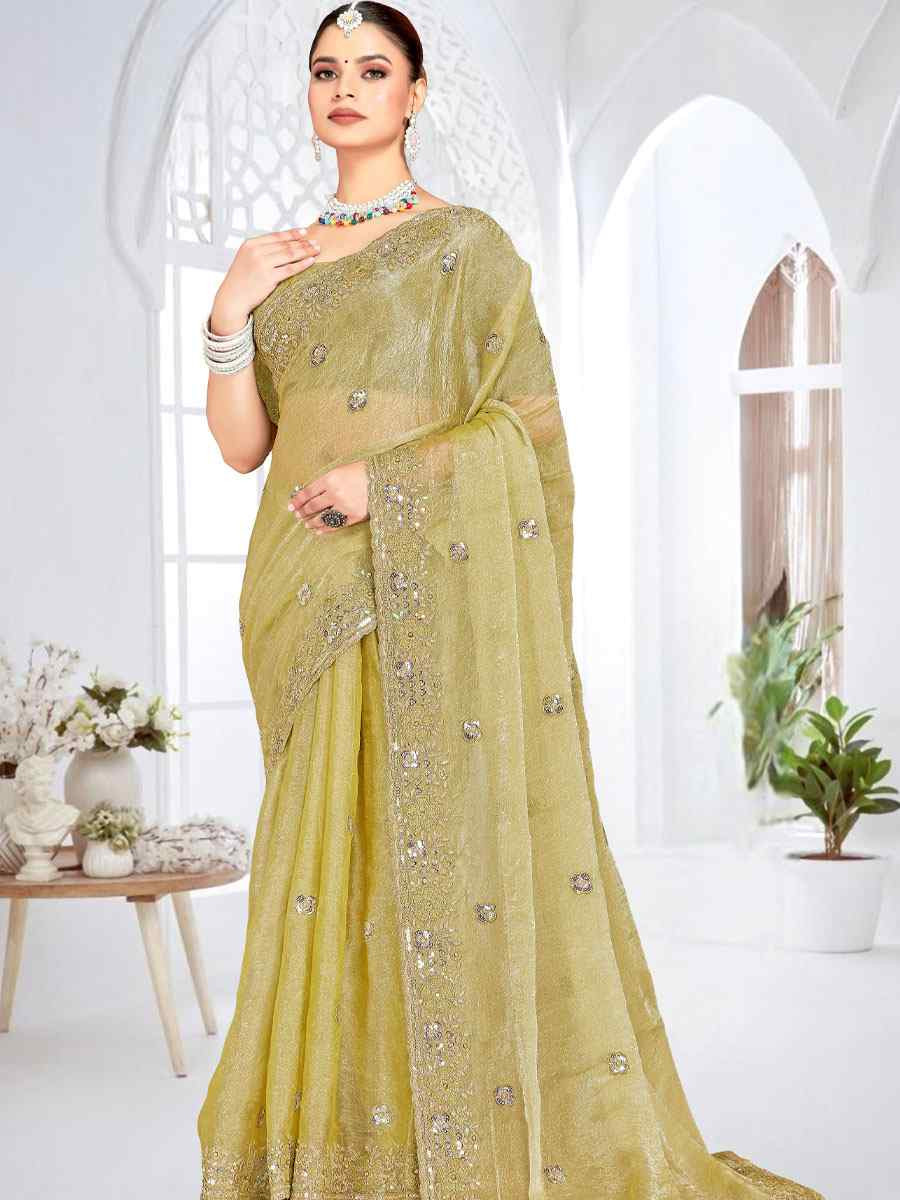 Green Cursh Silk Embroidery Bridal Reception Festival Wedding Fancy Heavy Border Saree