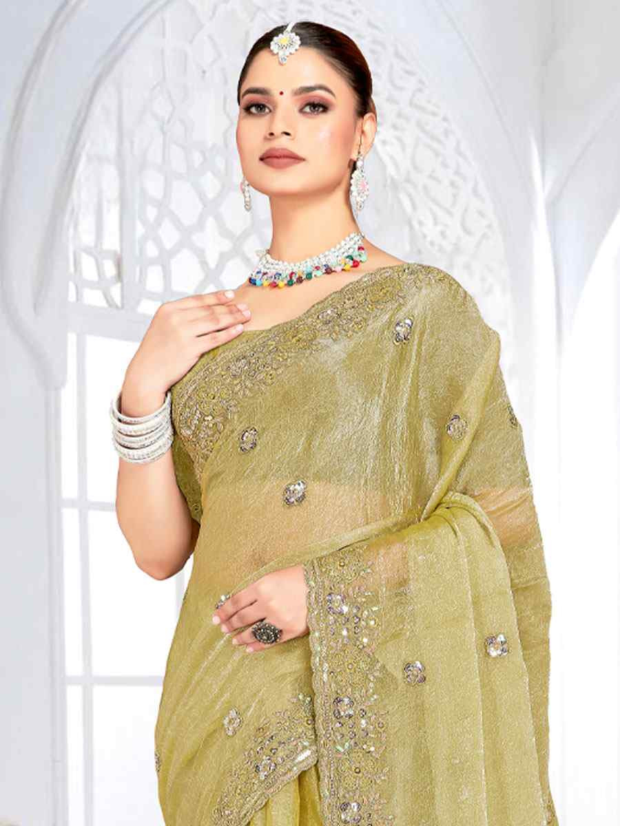 Green Cursh Silk Embroidery Bridal Reception Festival Wedding Fancy Heavy Border Saree