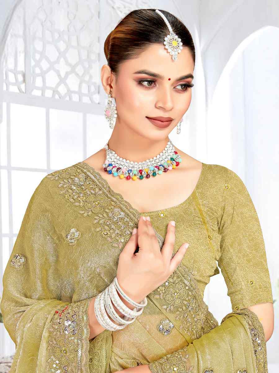 Green Cursh Silk Embroidery Bridal Reception Festival Wedding Fancy Heavy Border Saree