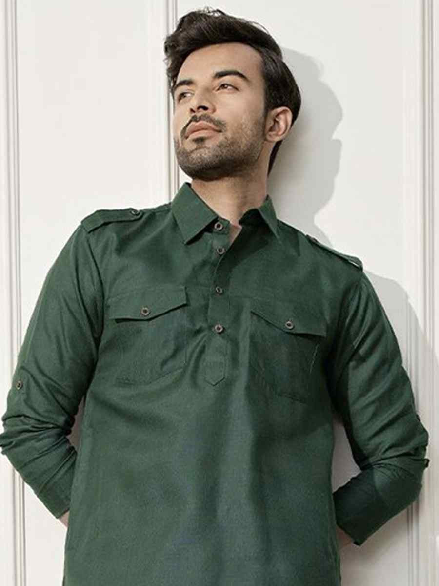 Green Dhupion Art Silk Plain Party Wedding Kurta
