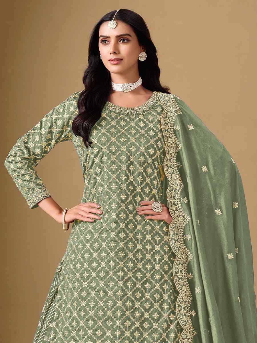 Green Dola Jacquard Embroidered Reception Wedding Kurti Lehenga Choli
