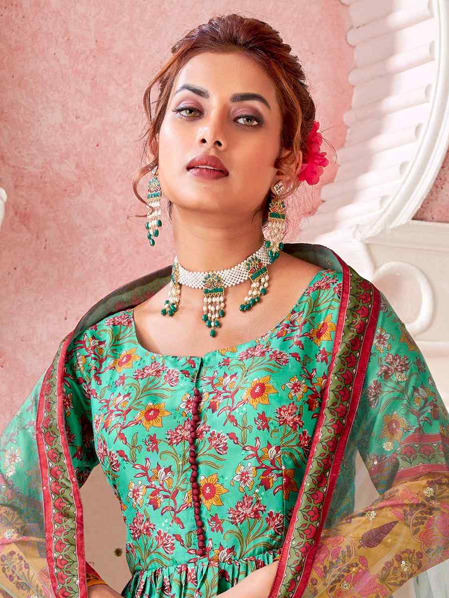 Green Dola Silk Embroidered Party Gown