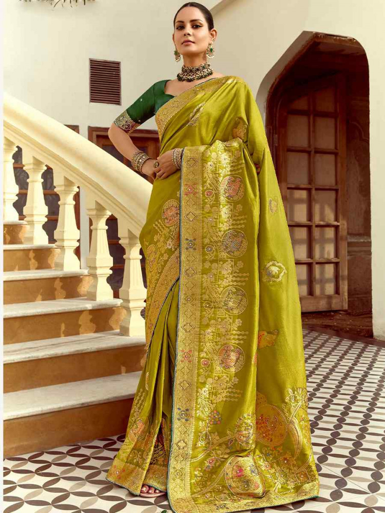 Green Dola Silk Handwoven With Handwork Festival Wedding Fancy Heavy Border Saree