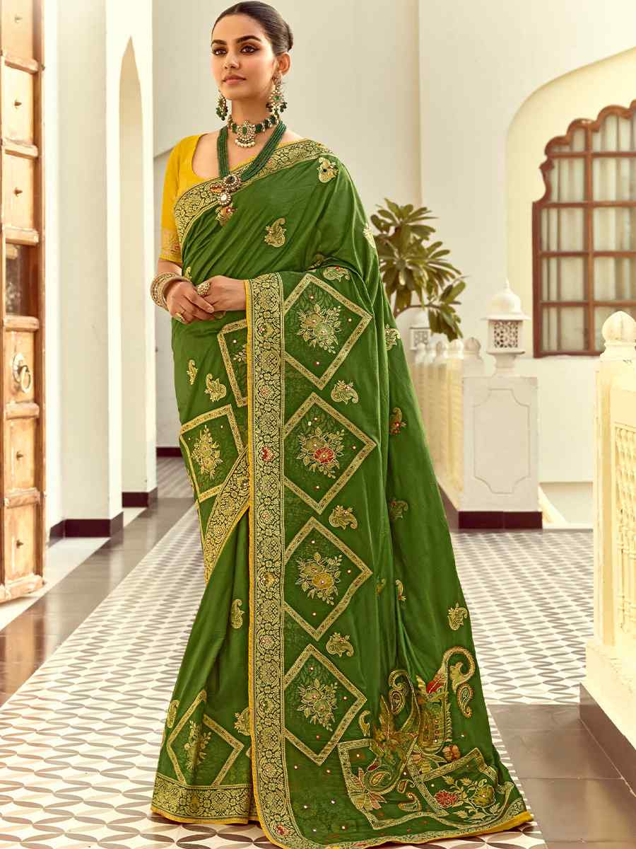 Green Dola Silk Handwoven With Handwork Festival Wedding Fancy Heavy Border Saree