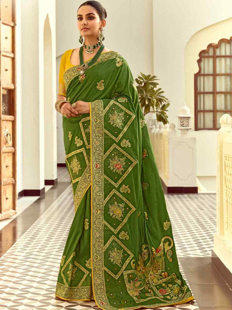 Green Dola Silk Handwoven With Handwork Festival Wedding Fancy Heavy Border Saree