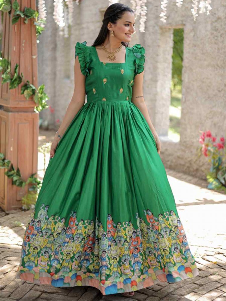 Green Dola Silk Printed Festival Casual Gown