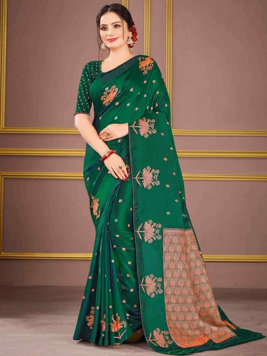 Green Dyed Silk Handwoven Traditional Bridal Reception Festival Wedding Fancy Heavy Border Saree