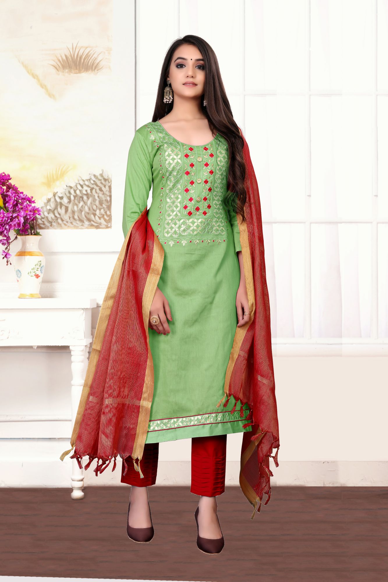 Green Embroidery Festival Party Pant Salwar Kameez