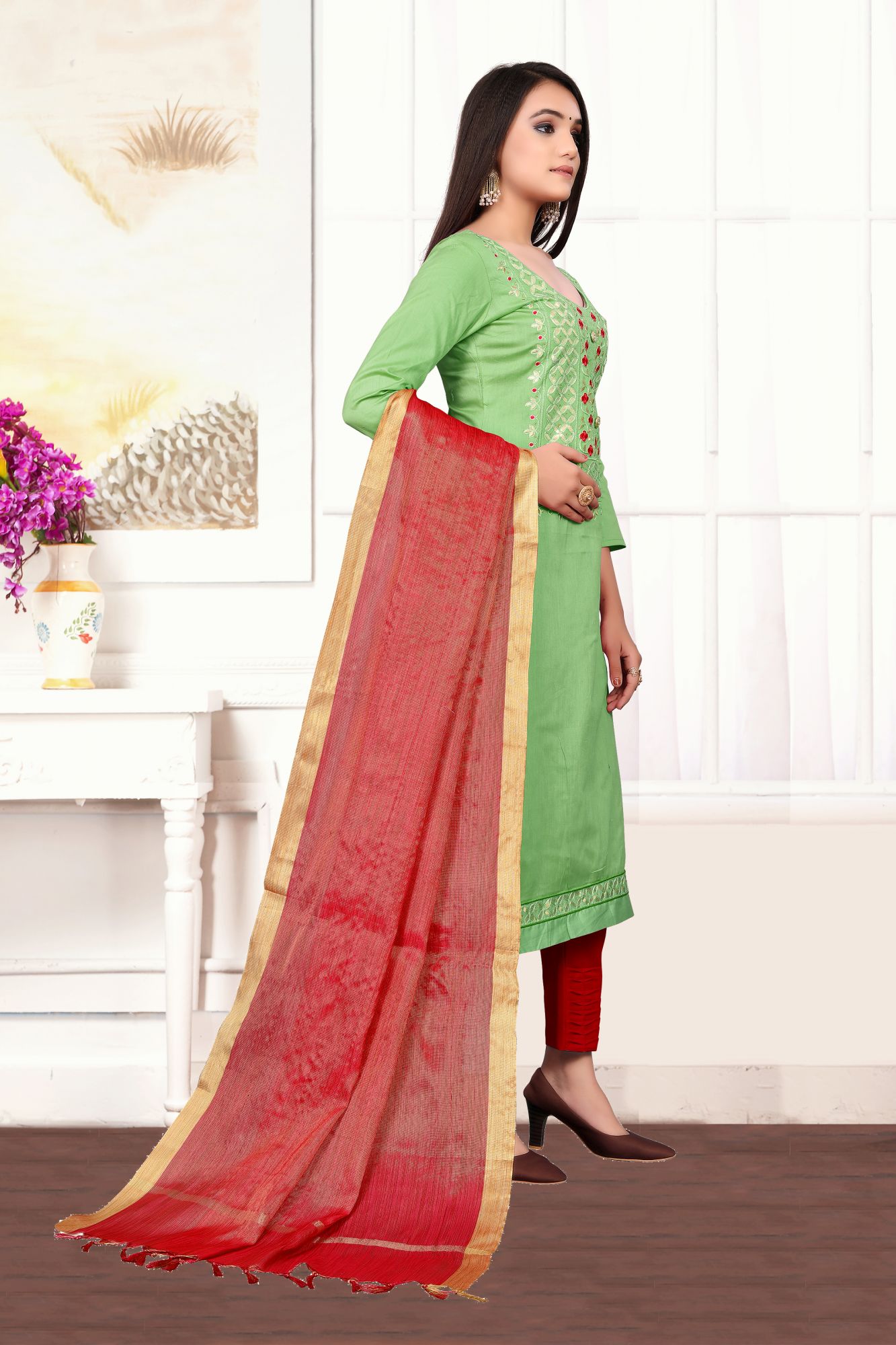 Green Embroidery Festival Party Pant Salwar Kameez