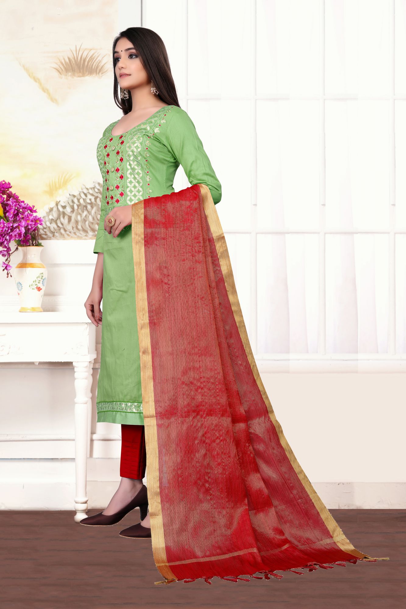 Green Embroidery Festival Party Pant Salwar Kameez