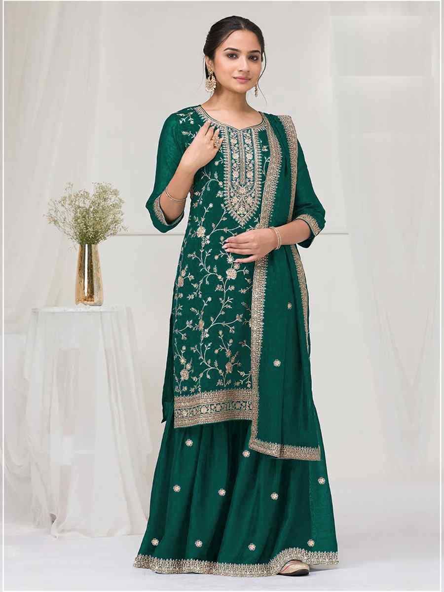 Green Fancy Blooming Vichitra Silk Embroidered Festival Wedding Palazzo Pant Salwar Kameez