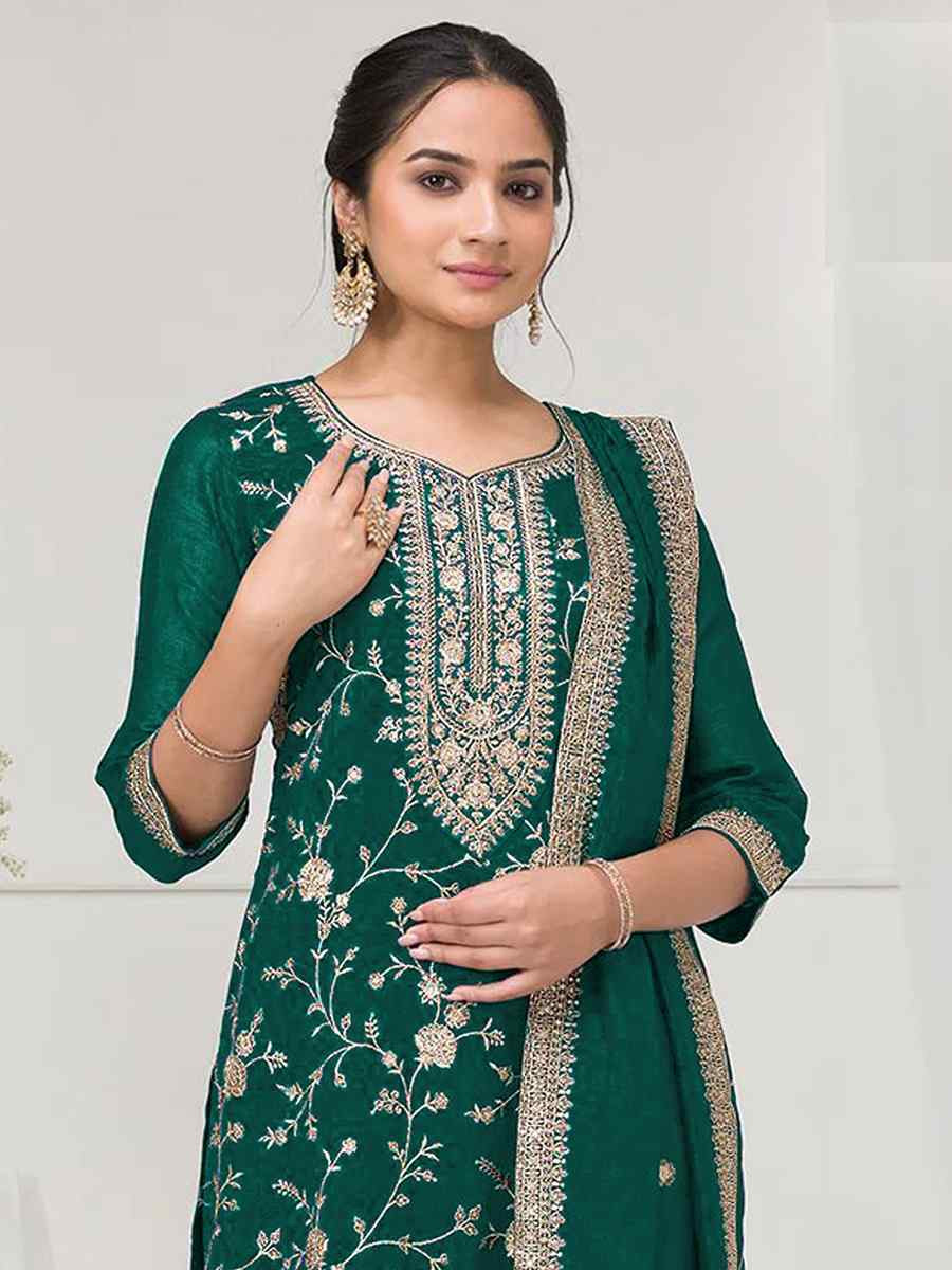 Green Fancy Blooming Vichitra Silk Embroidered Festival Wedding Palazzo Pant Salwar Kameez