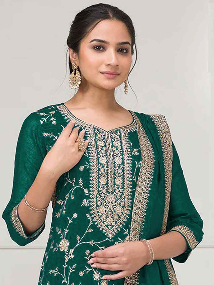 Green Fancy Blooming Vichitra Silk Embroidered Festival Wedding Palazzo Pant Salwar Kameez